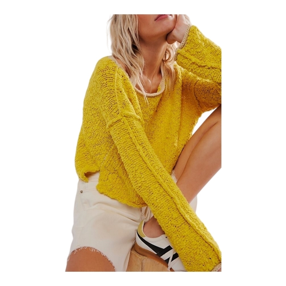 Free People Rosie Sweater in Chutney Yellow and Biege Combo - Large - NWOT - Picture 4 of 10